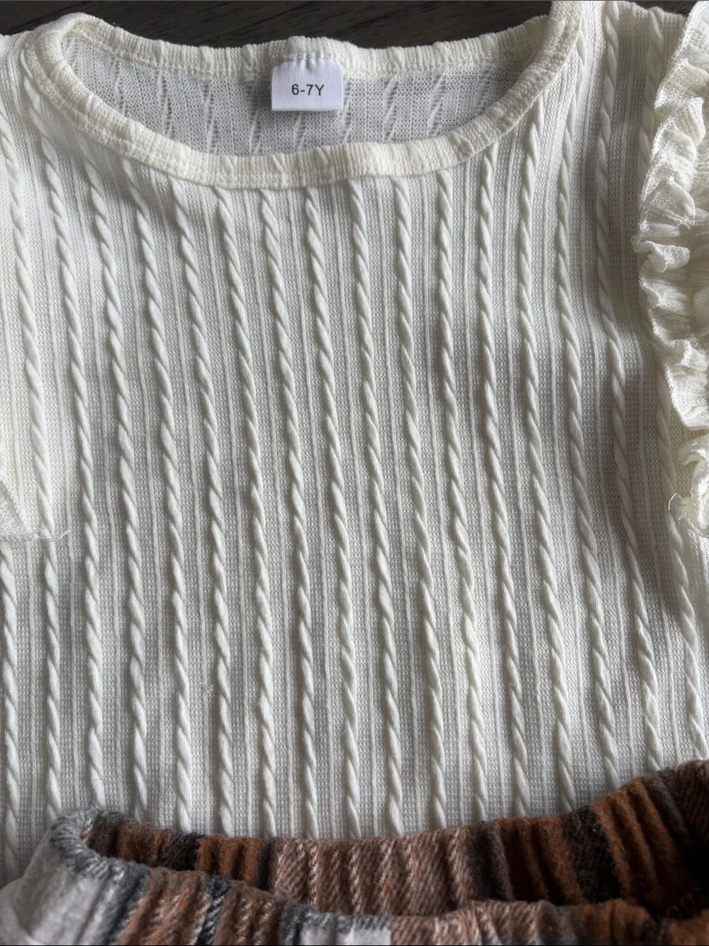 Girls Cream Knit Top and Brown Plaid Skirt Set -